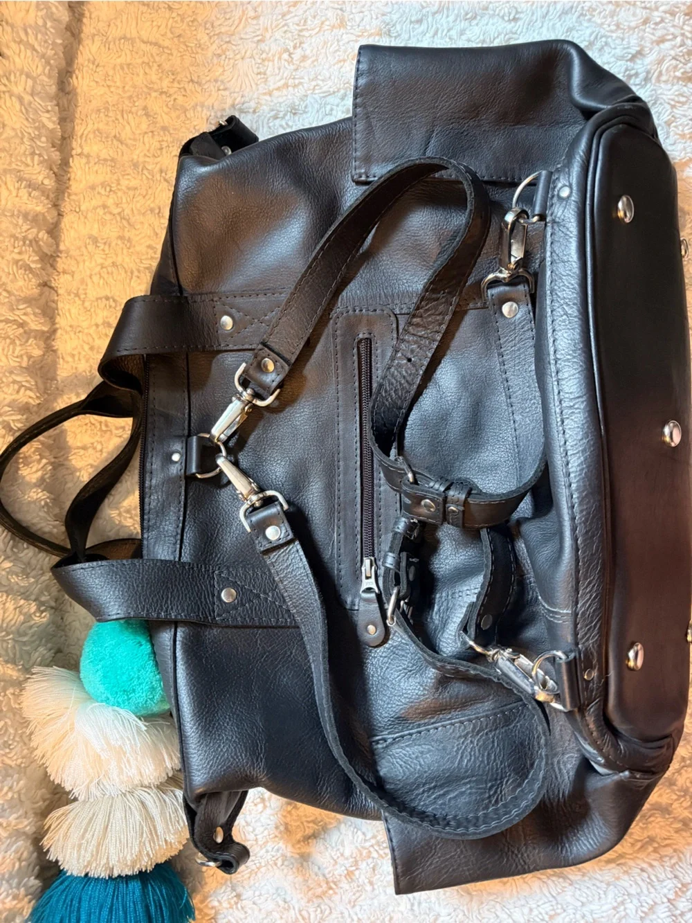 Nena Black Leather Bag with Pink & Teal Embroidered Panel - Picture 3 of 4